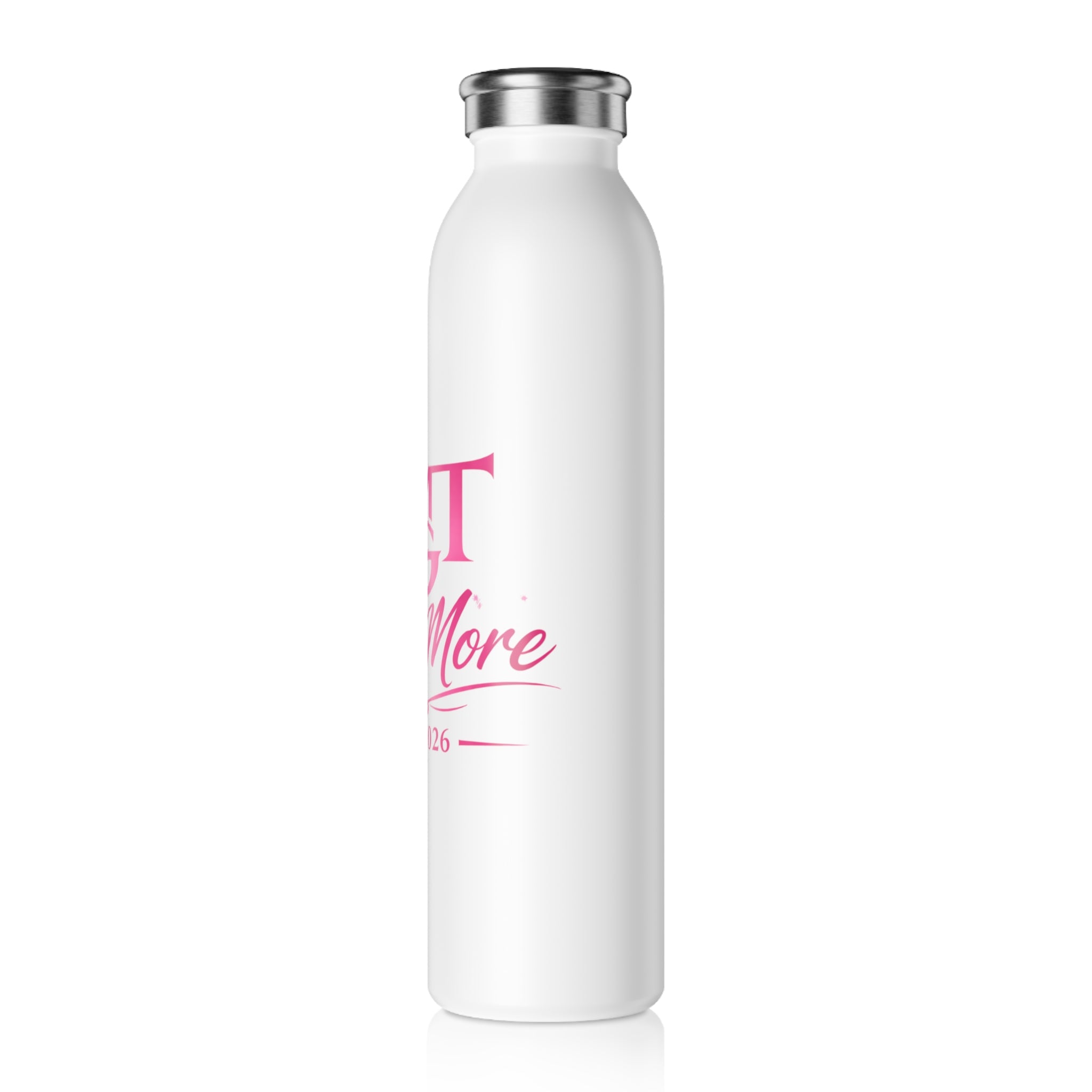 Slim Water Bottle — 'LMGT Live More Est. 2026' White & Pink Stainless Slim Bottle