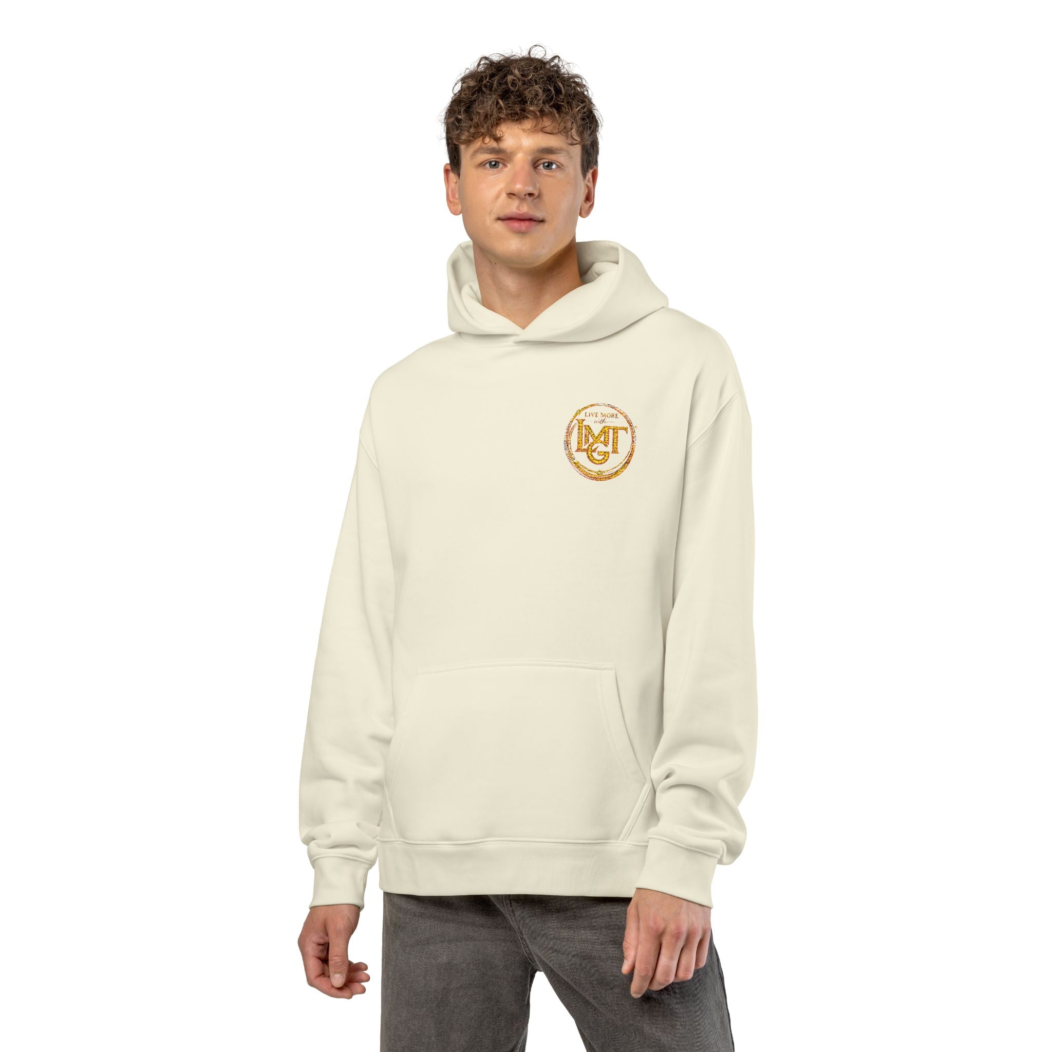 Live More LMGT Gold Floral Monogram Hoodie — Relaxed White Sweatshirt with 'M' Crest