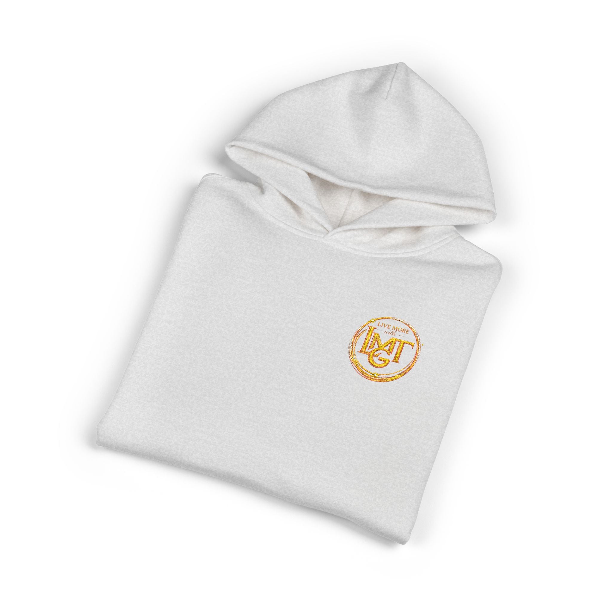 Live More LMGT Gold Floral Monogram Hoodie — Relaxed White Sweatshirt with 'M' Crest