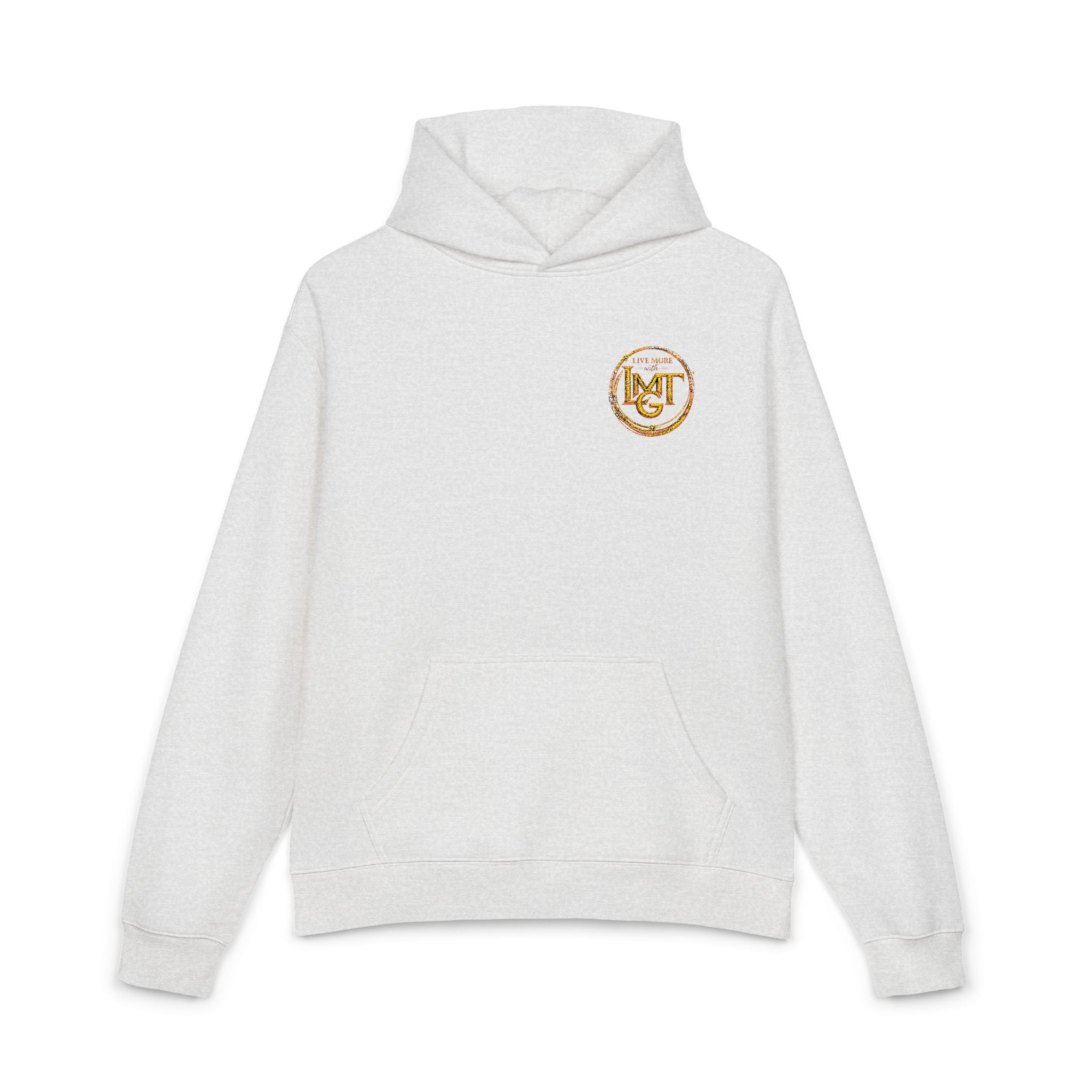 Live More LMGT Gold Floral Monogram Hoodie — Relaxed White Sweatshirt with 'M' Crest
