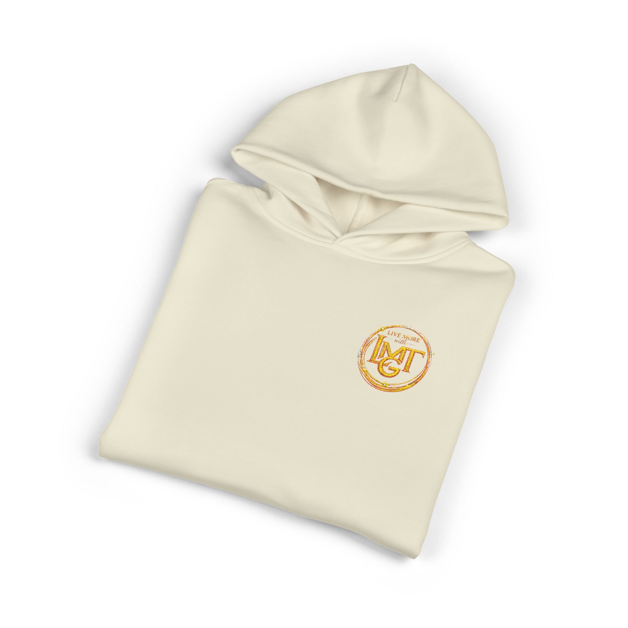 Live More LMGT Gold Floral Monogram Hoodie — Relaxed White Sweatshirt with 'M' Crest