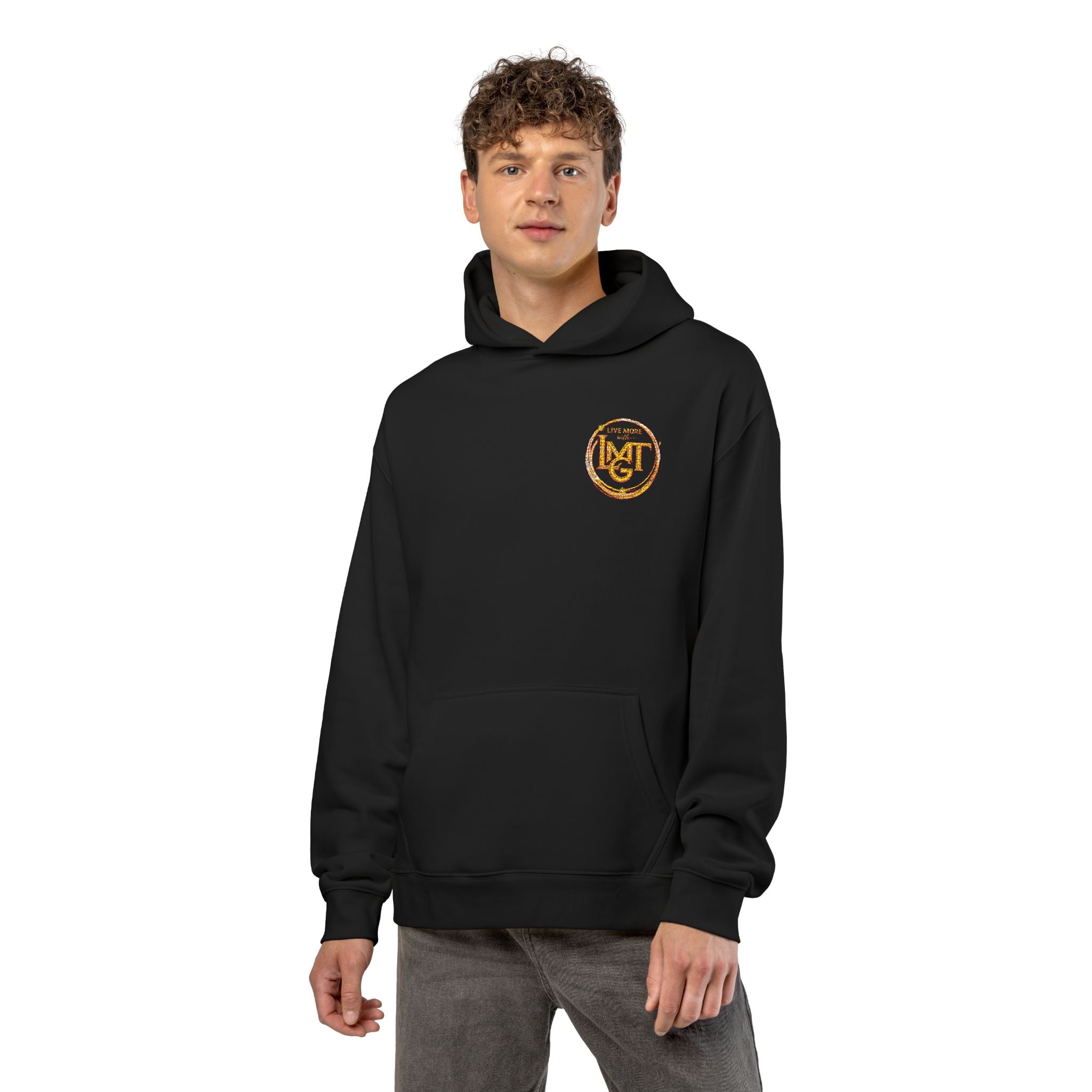 Live More LMGT Gold Floral Monogram Hoodie — Relaxed White Sweatshirt with 'M' Crest