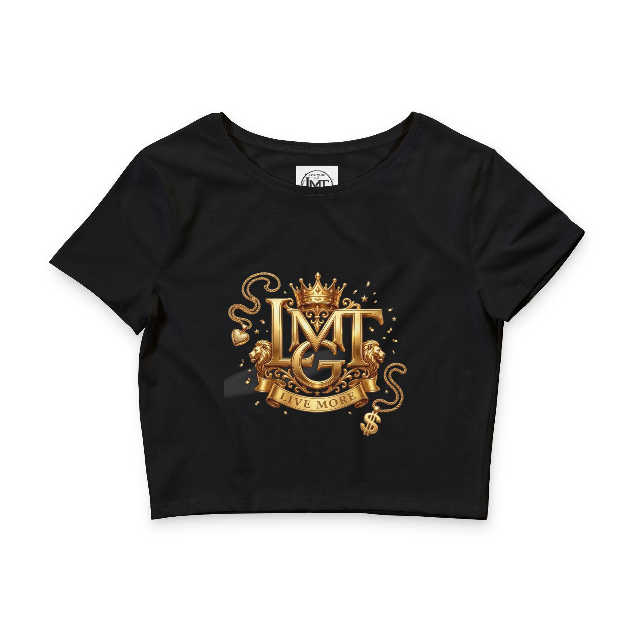 LMGT LIVE MORE Crown Monogram Crop Tee — Women’s Gold Crest Graphic