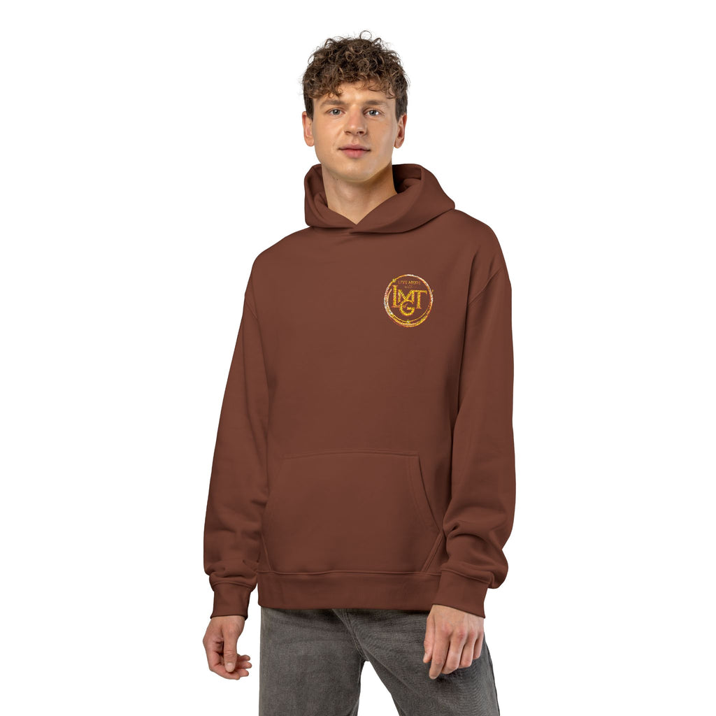Live More LMGT Gold Floral Monogram Hoodie — Relaxed White Sweatshirt with 'M' Crest