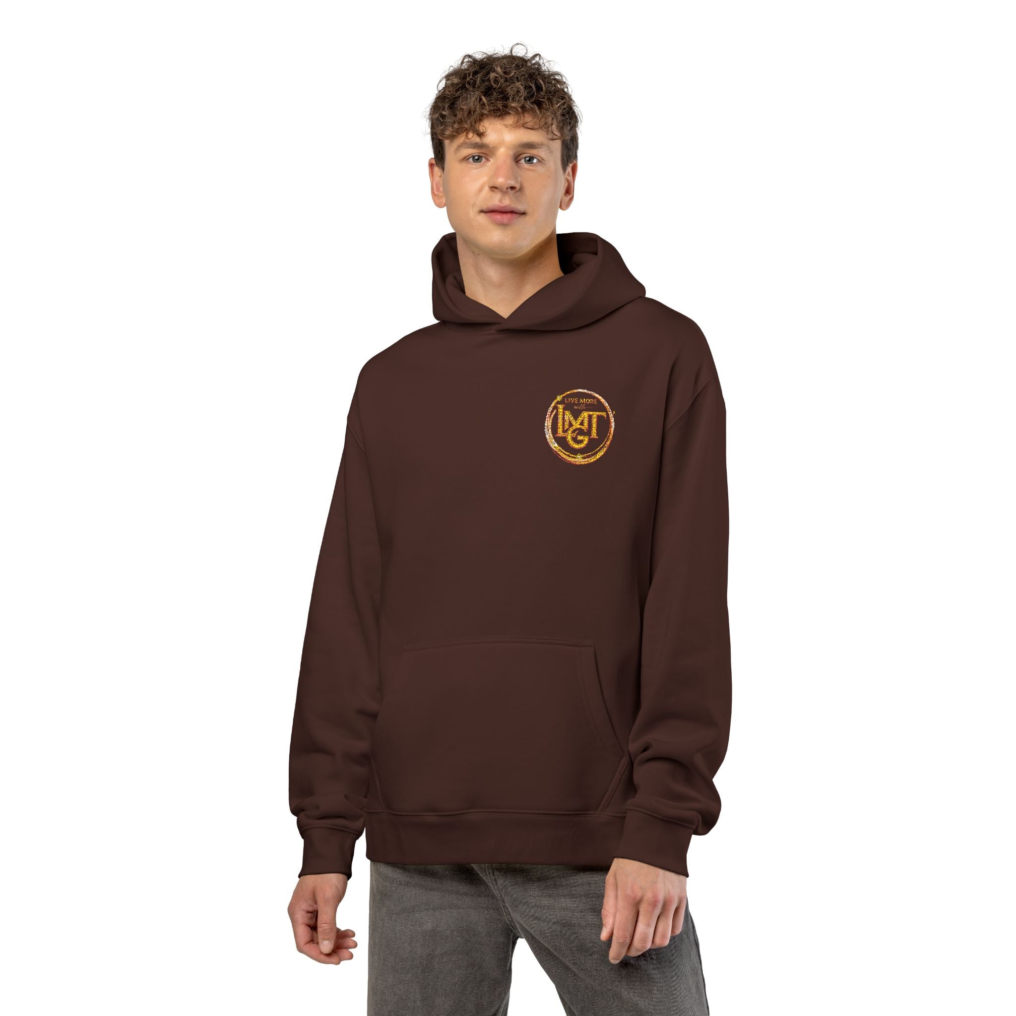 Live More LMGT Gold Floral Monogram Hoodie — Relaxed White Sweatshirt with 'M' Crest