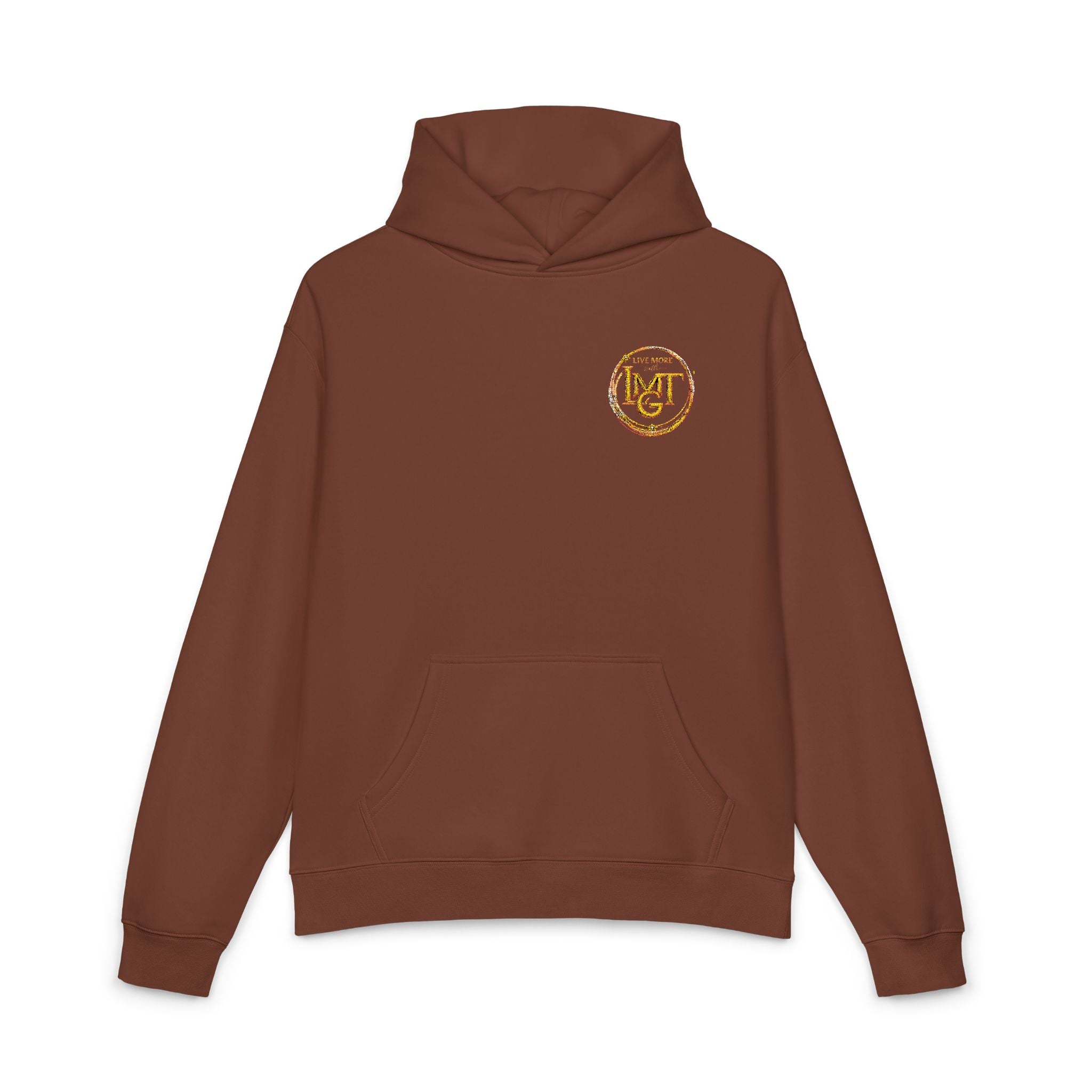 Live More LMGT Gold Floral Monogram Hoodie — Relaxed White Sweatshirt with 'M' Crest