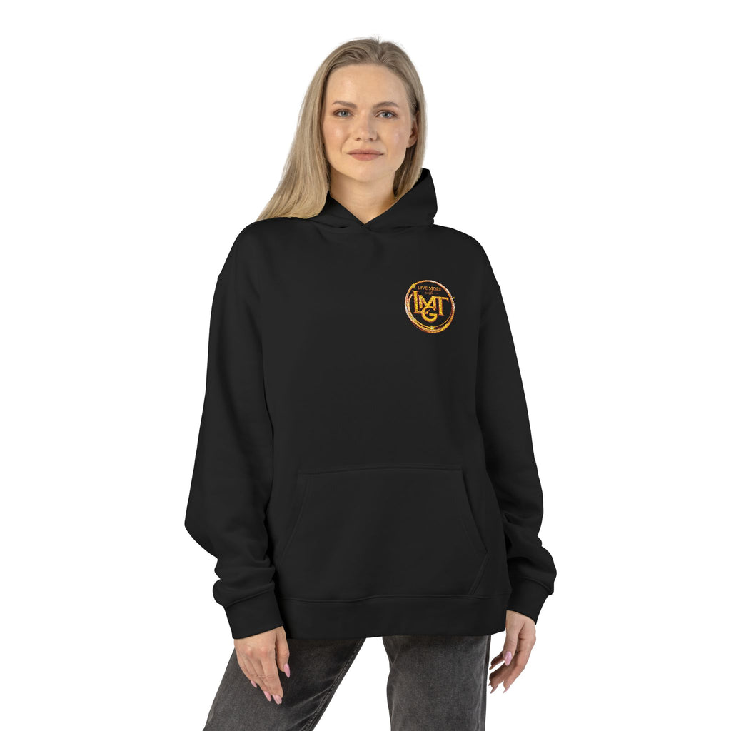 Live More LMGT Gold Floral Monogram Hoodie — Relaxed White Sweatshirt with 'M' Crest