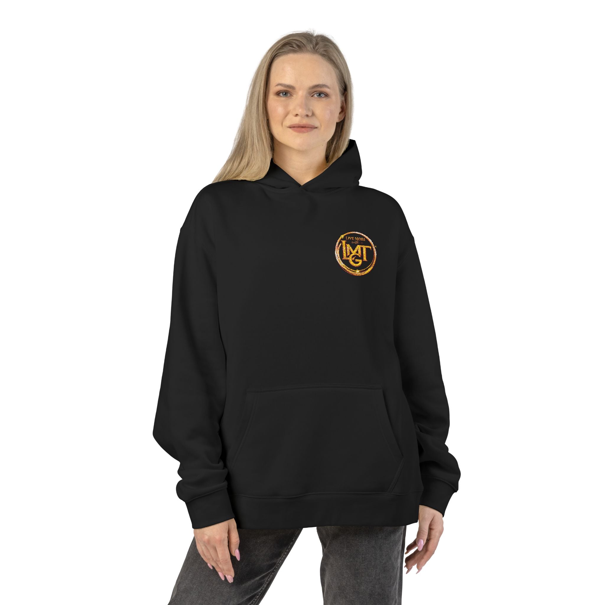 Live More LMGT Gold Floral Monogram Hoodie — Relaxed White Sweatshirt with 'M' Crest