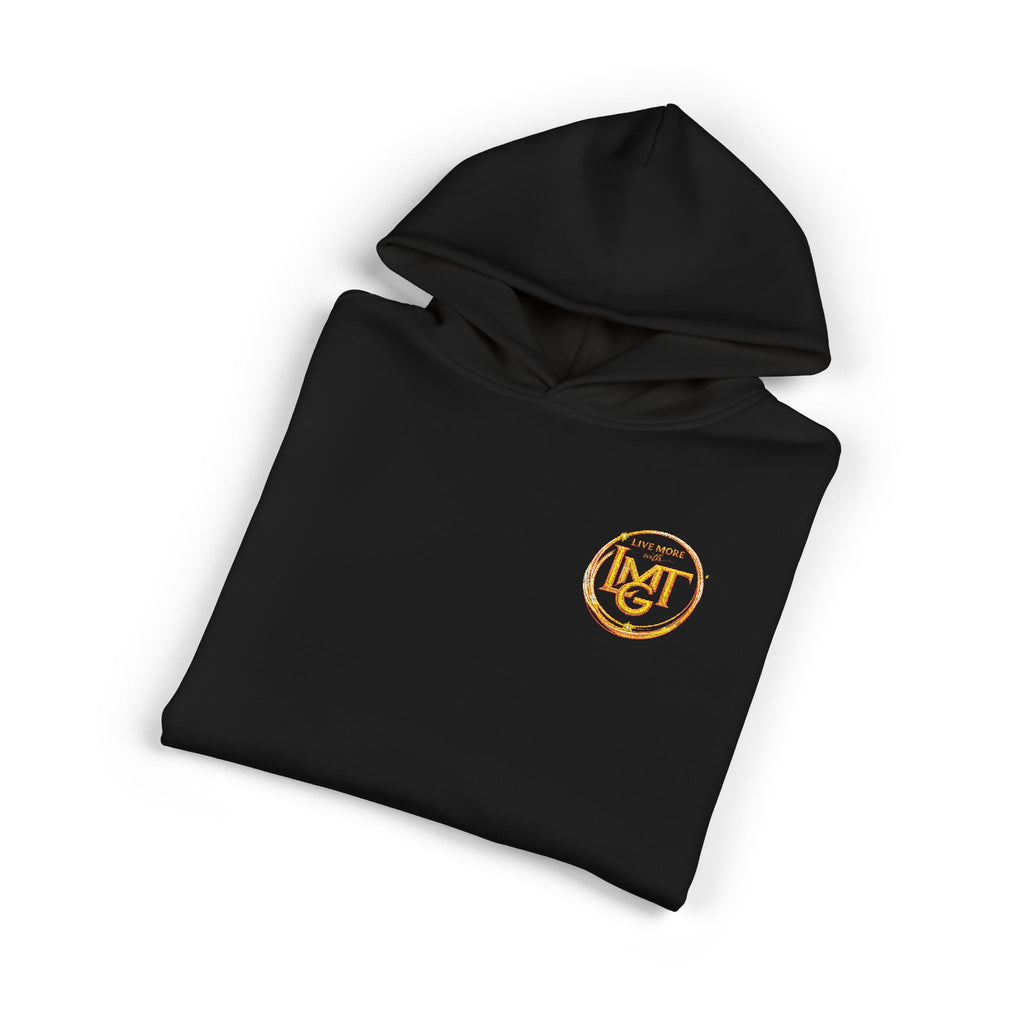 Live More LMGT Gold Floral Monogram Hoodie — Relaxed White Sweatshirt with 'M' Crest