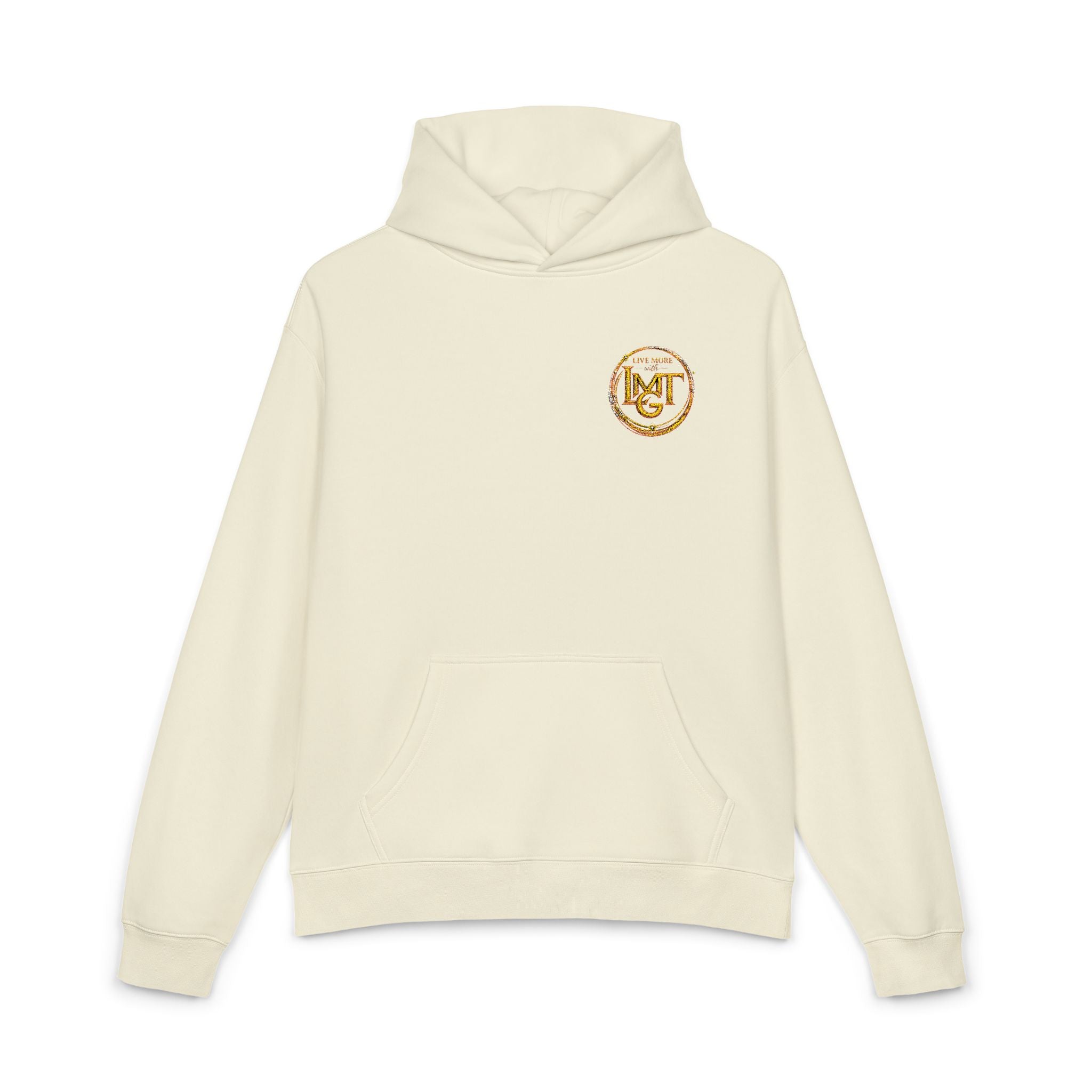 Live More LMGT Gold Floral Monogram Hoodie — Relaxed White Sweatshirt with 'M' Crest