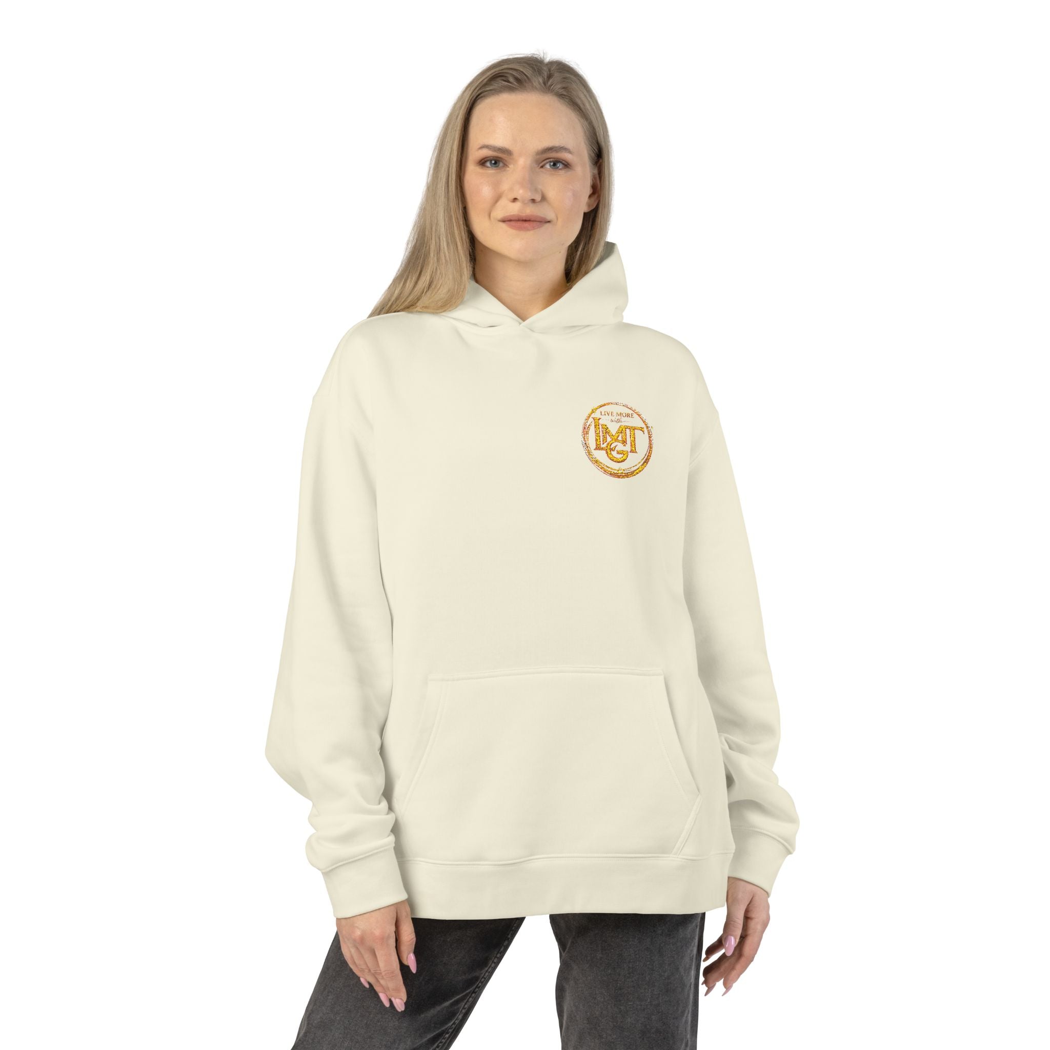 Live More LMGT Gold Floral Monogram Hoodie — Relaxed White Sweatshirt with 'M' Crest