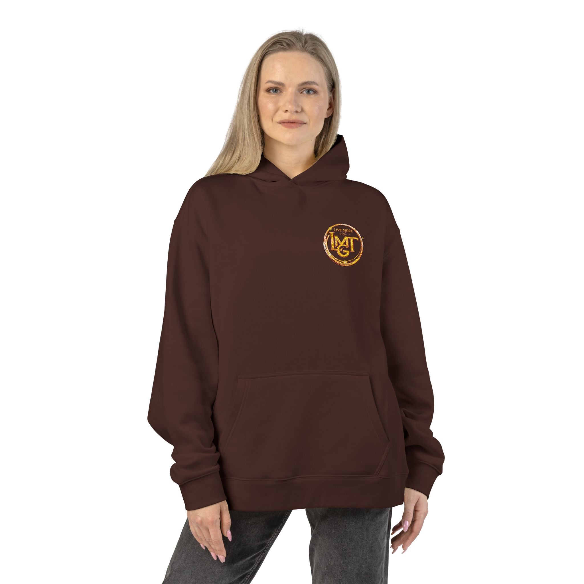 Live More LMGT Gold Floral Monogram Hoodie — Relaxed White Sweatshirt with 'M' Crest