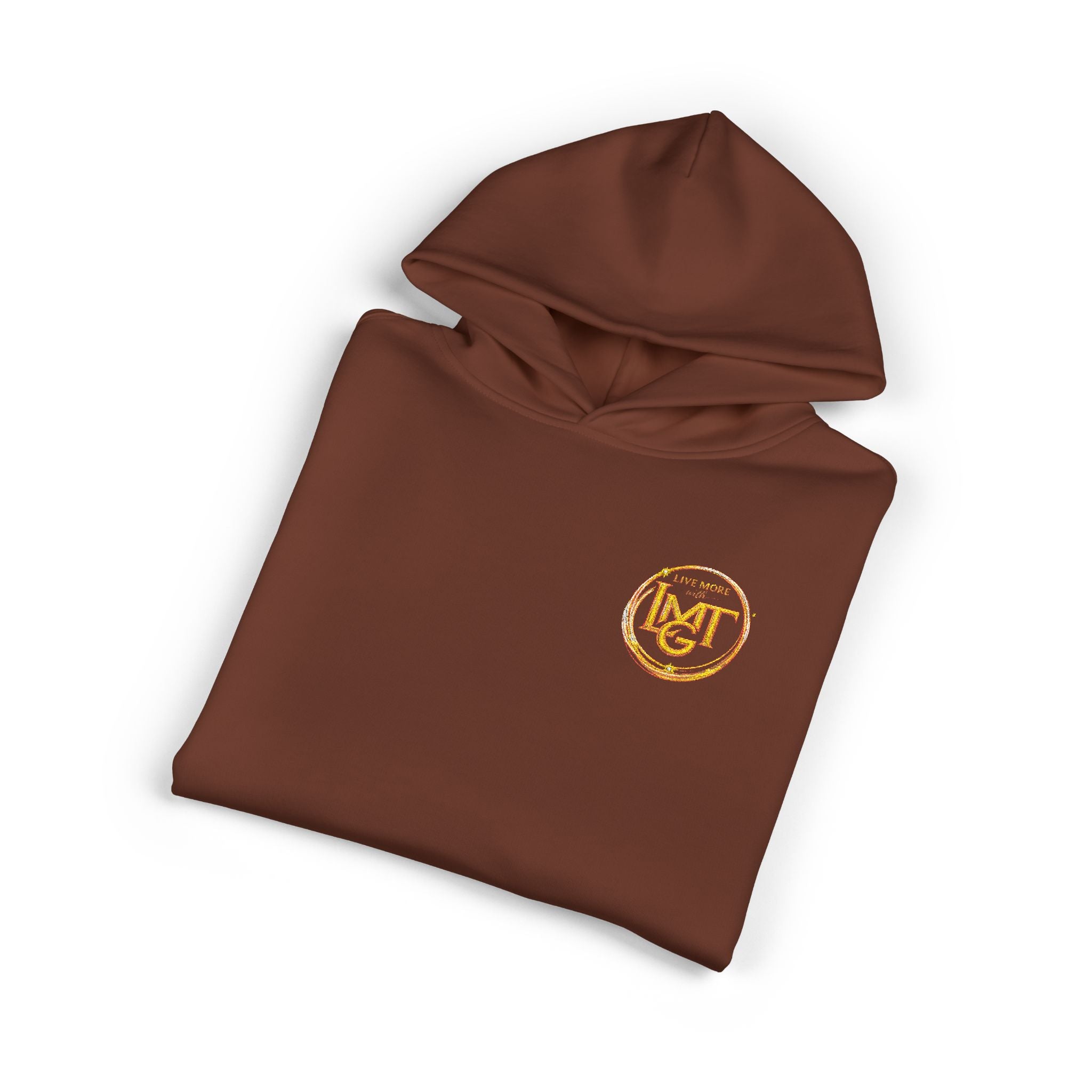 Live More LMGT Gold Floral Monogram Hoodie — Relaxed White Sweatshirt with 'M' Crest