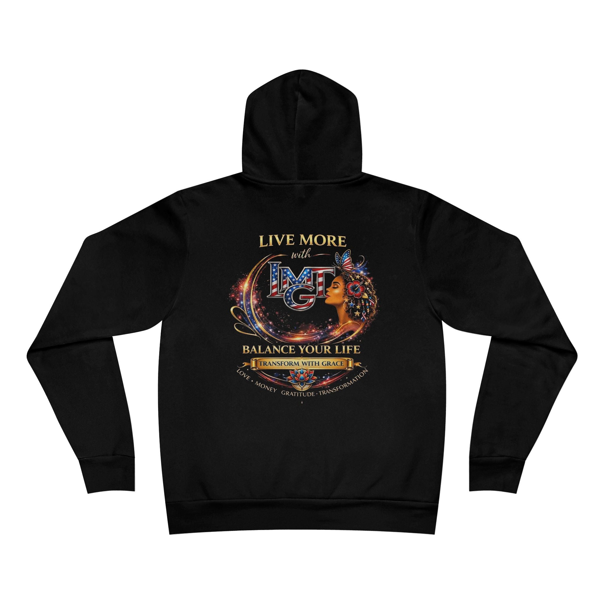 Live More Hoodie — 'USA Global Tribe' Motivational Pullover with Tropical Crest
