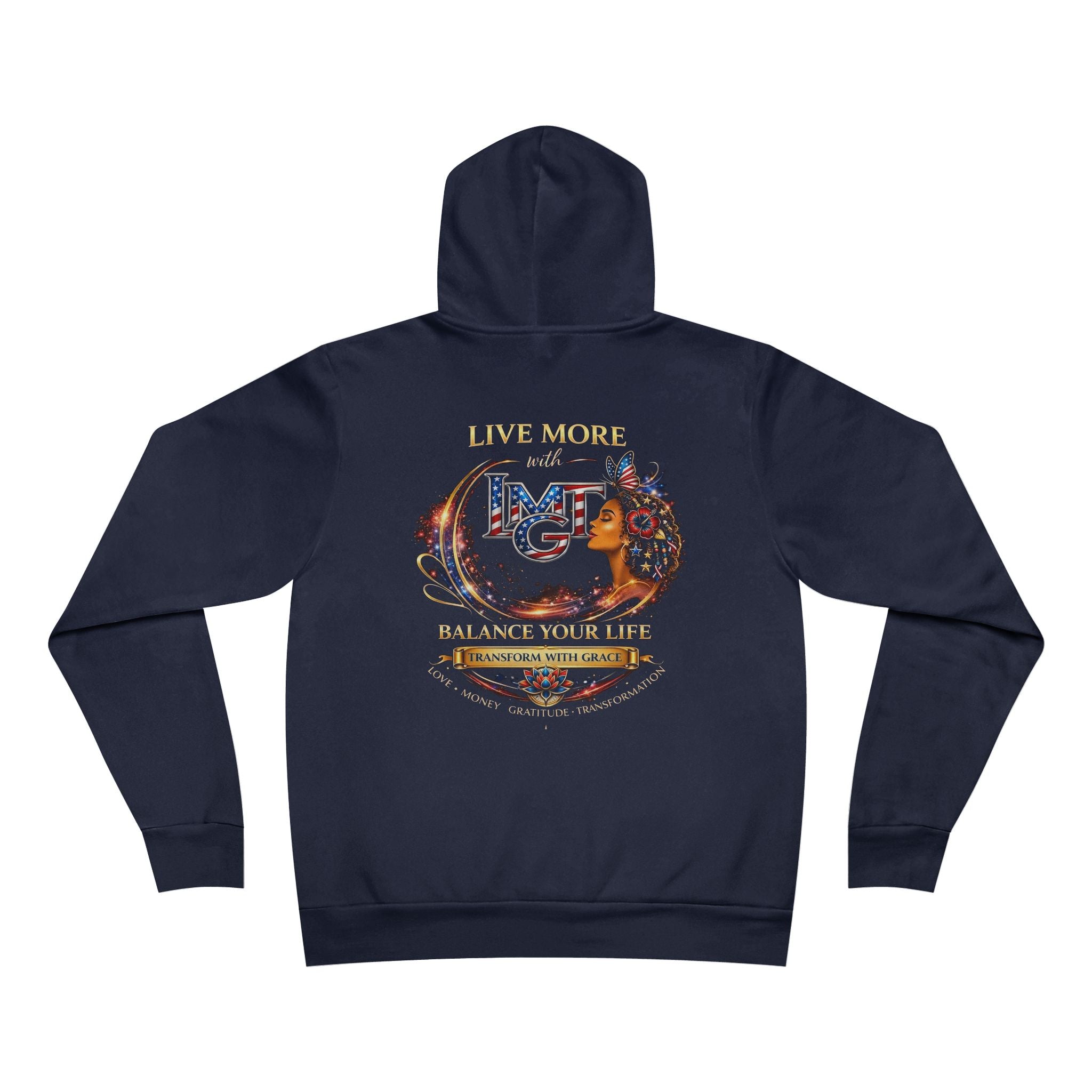 Live More Hoodie — 'USA Global Tribe' Motivational Pullover with Tropical Crest