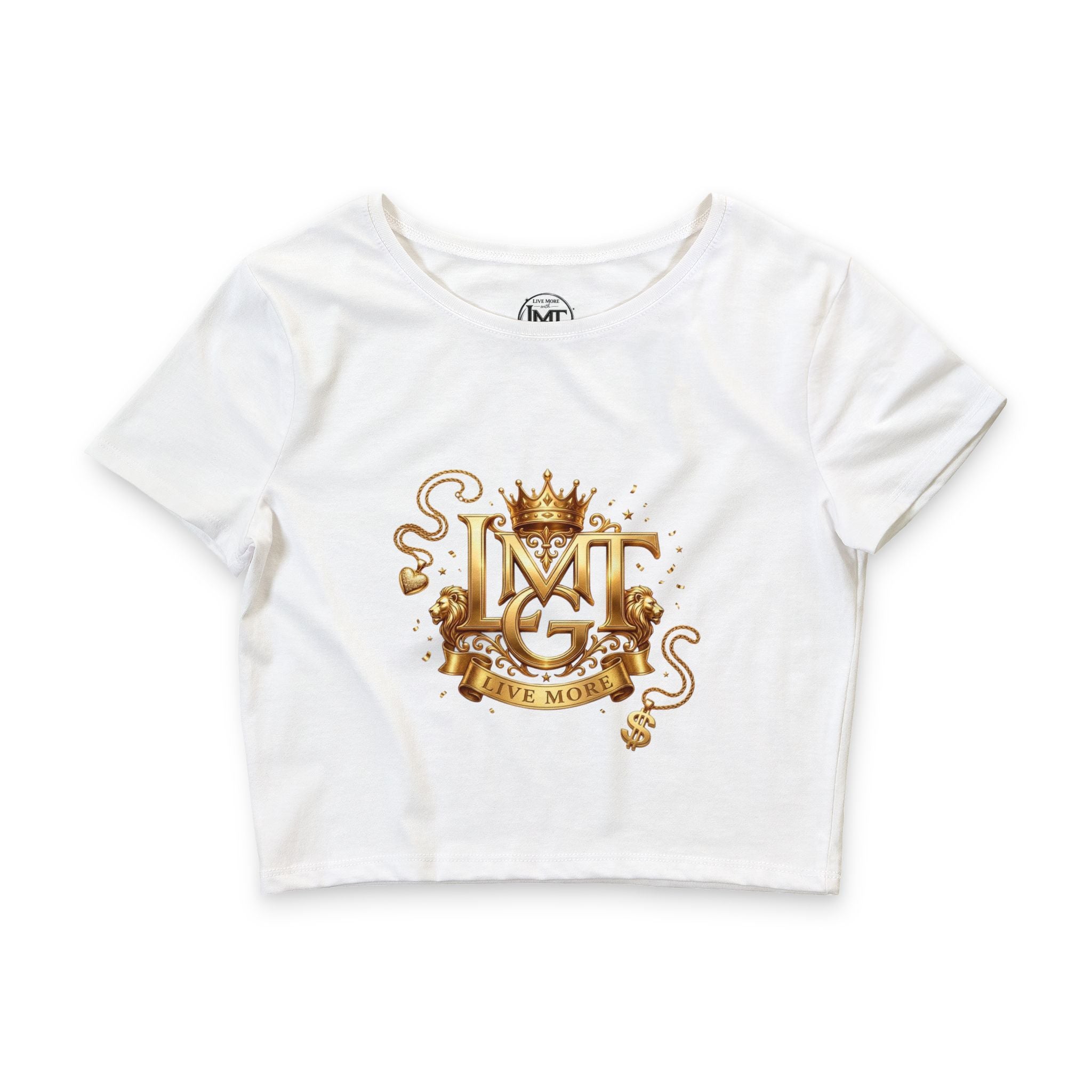 LMGT LIVE MORE Crown Monogram Crop Tee — Women’s Gold Crest Graphic