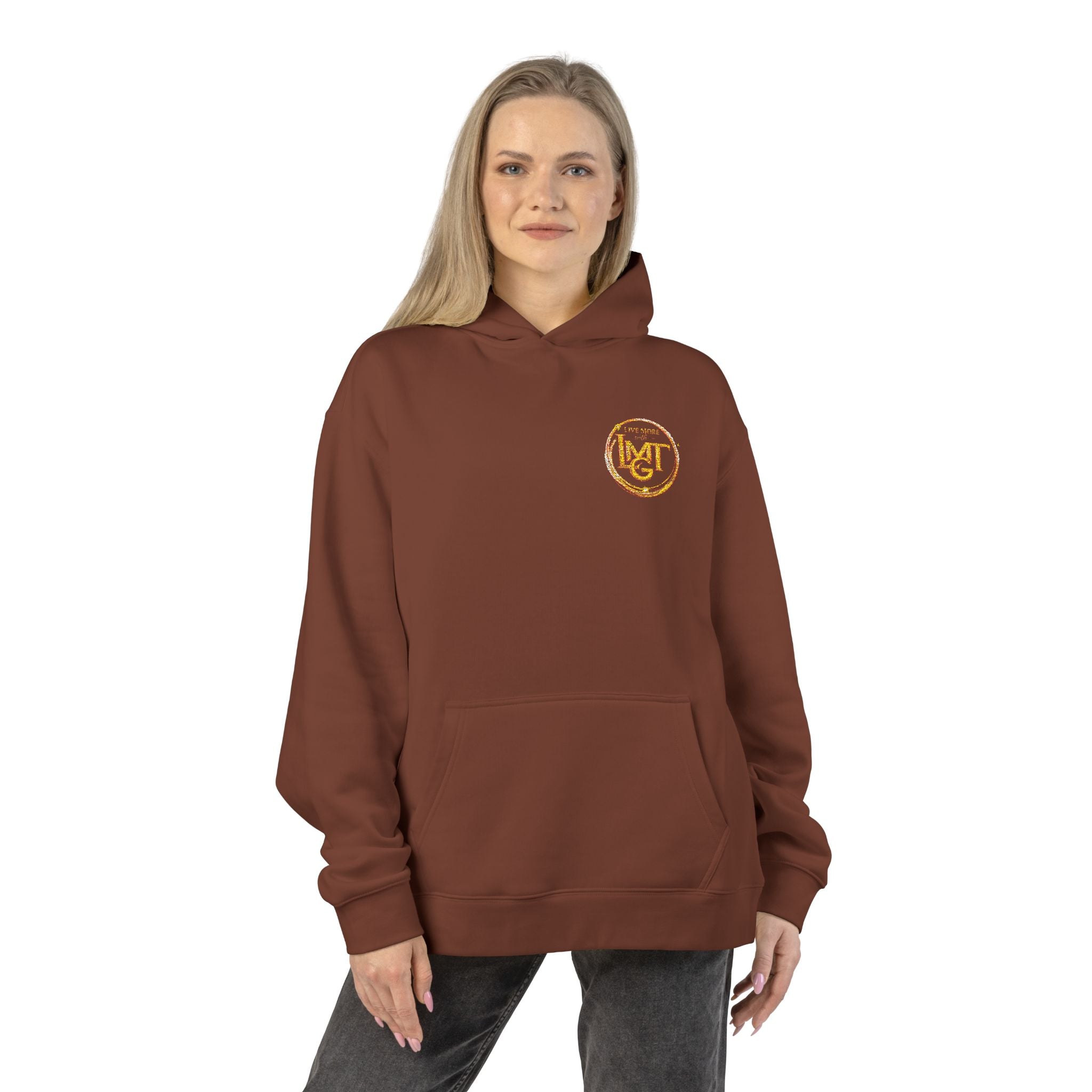 Live More LMGT Gold Floral Monogram Hoodie — Relaxed White Sweatshirt with 'M' Crest