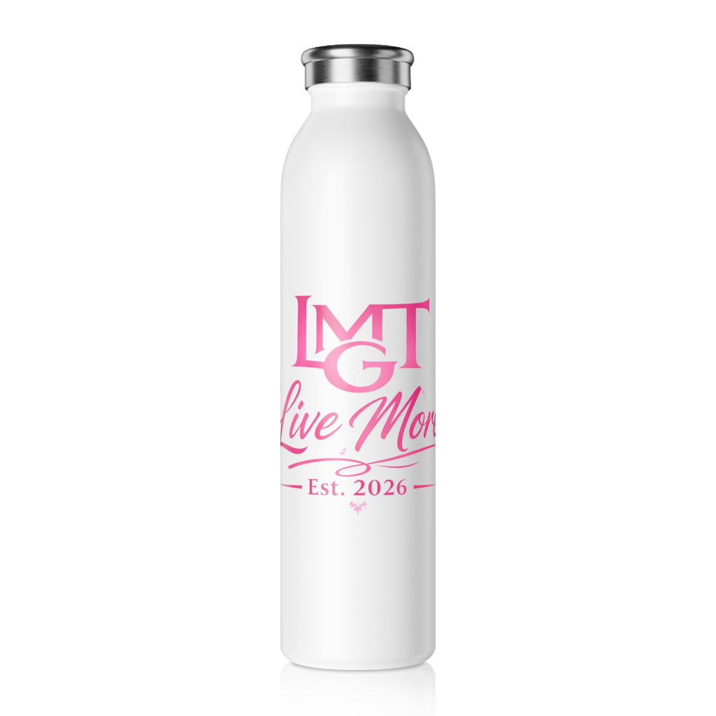 Slim Water Bottle — 'LMGT Live More Est. 2026' White & Pink Stainless Slim Bottle