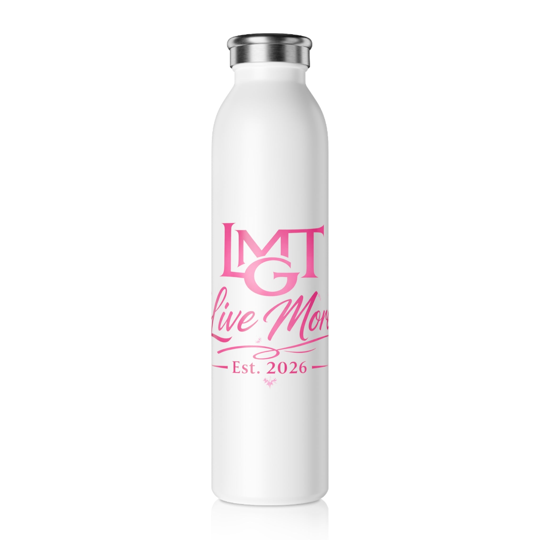 Slim Water Bottle — 'LMGT Live More Est. 2026' White & Pink Stainless Slim Bottle