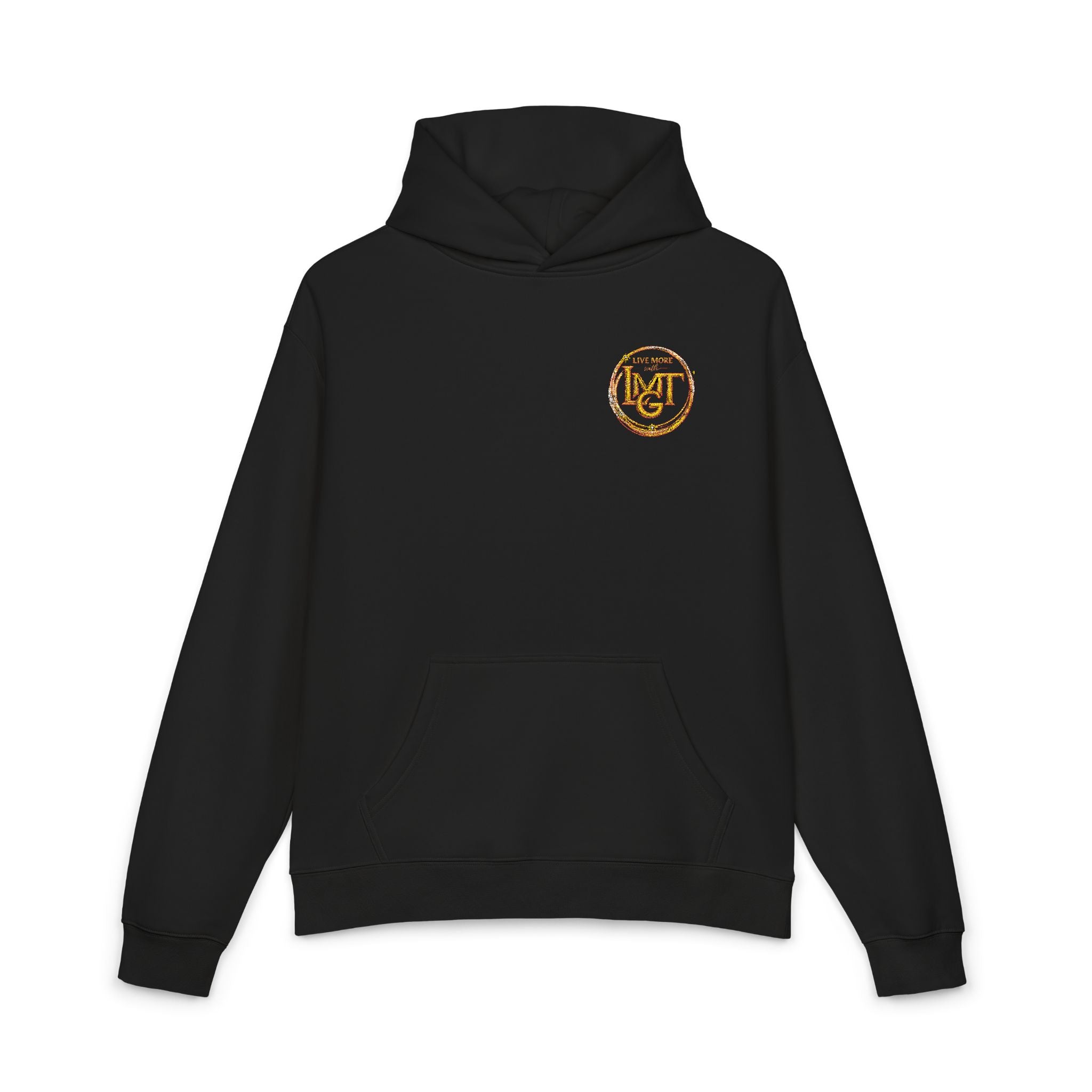 Live More LMGT Gold Floral Monogram Hoodie — Relaxed White Sweatshirt with 'M' Crest