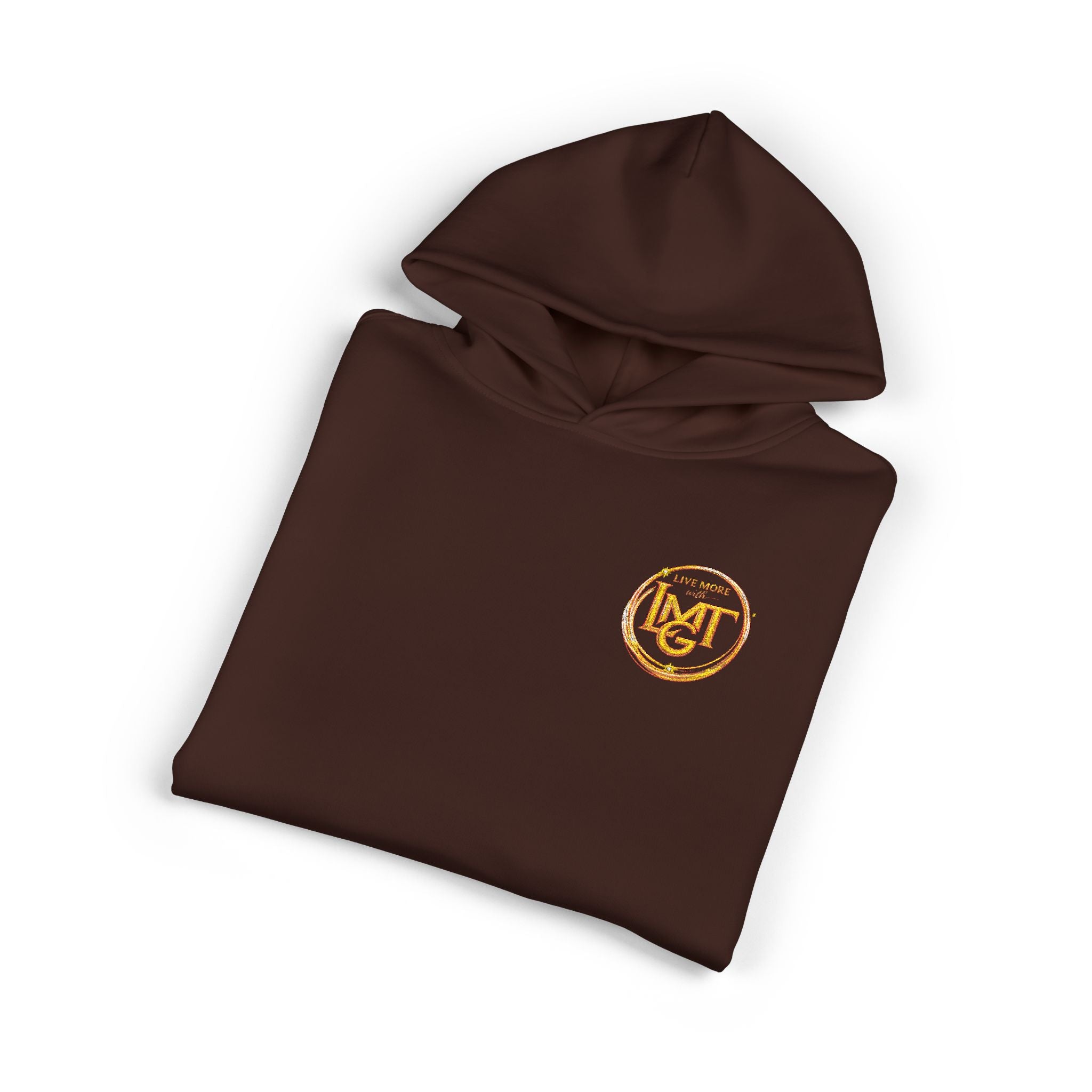 Live More LMGT Gold Floral Monogram Hoodie — Relaxed White Sweatshirt with 'M' Crest