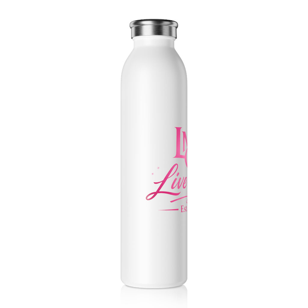 Slim Water Bottle — 'LMGT Live More Est. 2026' White & Pink Stainless Slim Bottle